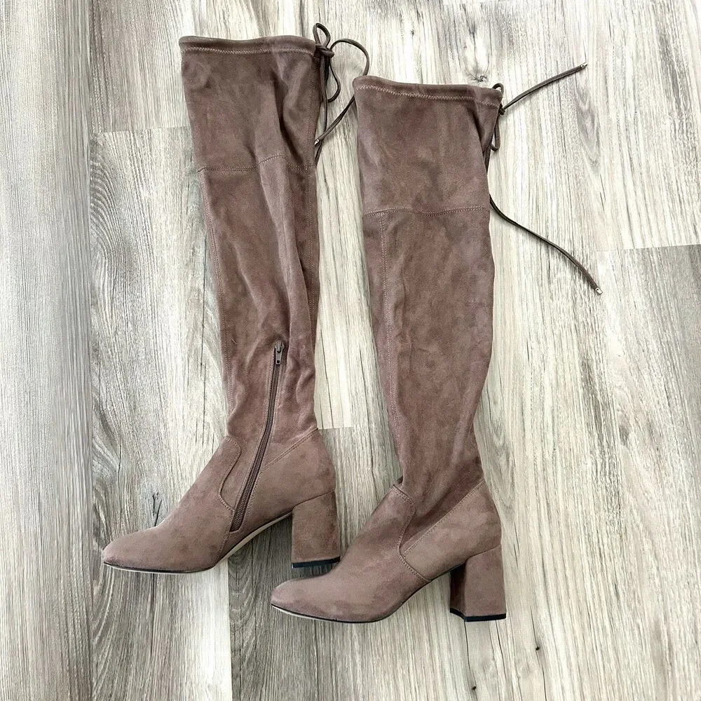 NWT Steve Madden Osana Taupe Fabric Over the Knee Boots Block Heel Size 7.5 M
